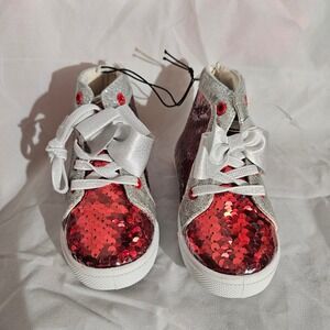Kids Sparkle Sequin High Top Sneakers Red Silver Bow Zip Closure Toddler Size 5